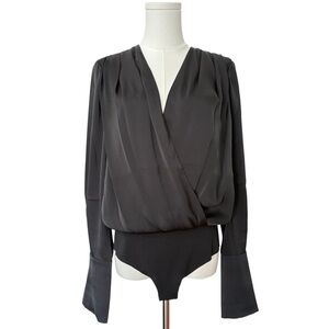 Favorite Daughter | Black Satin Wrap Bodysuit | Women’s Medium | V-neck | NWT
